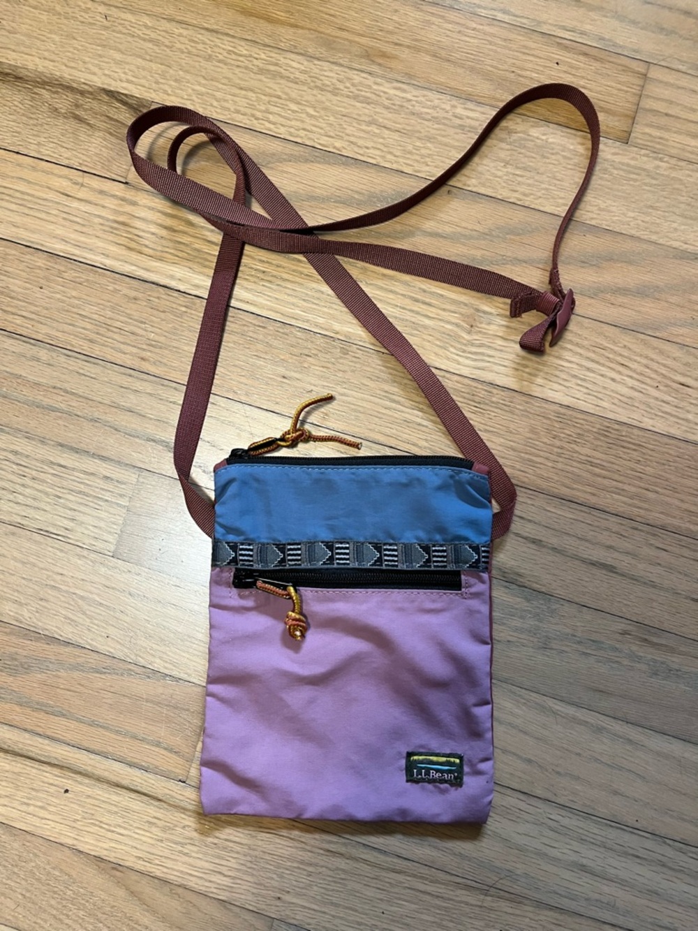 L.L. Bean Lavender and Slate Blue Crossbody Pouch with Burgundy Strap